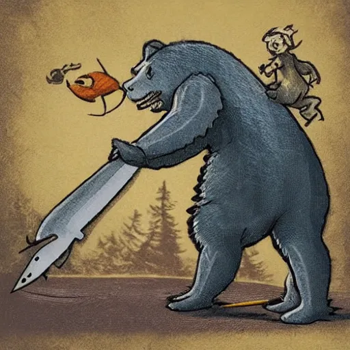 Prompt: a fish having a sword fight with a bear