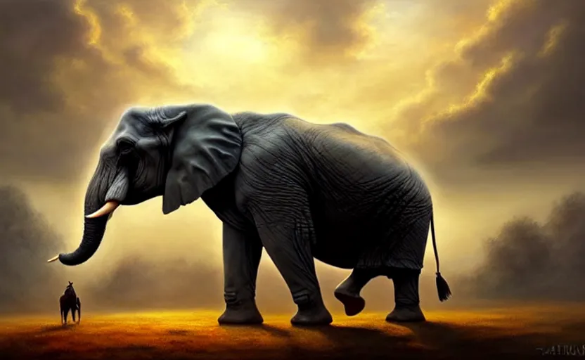 Prompt: a masterpiece oil painting of a marching elephant. wide angle, fantasy art, heroic lighting, by artgerm, fog, finger of god, amazing wallpaper