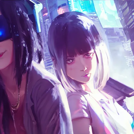 Prompt: a film still of a cyberpunk girl with a smirk, finely detailed features, aviators, closeup at the faces, dramatic cinematic, at cyberpunk city, gapmoe yandere grimdark, trending on pixiv fanbox, painted by greg rutkowski makoto shinkai takashi takeuchi craig mullins, alphonse mucha, studio ghibli, pixiv