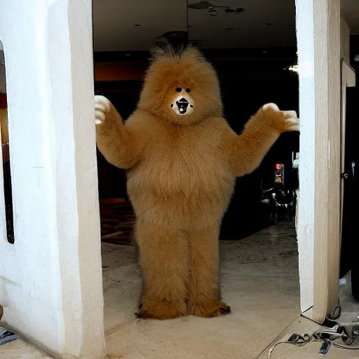 Prompt: LOS ANGELES CA, JAN 8 2010: One of the most fluffy friendly huge huggable creatures that emerged from the opening of the portal.