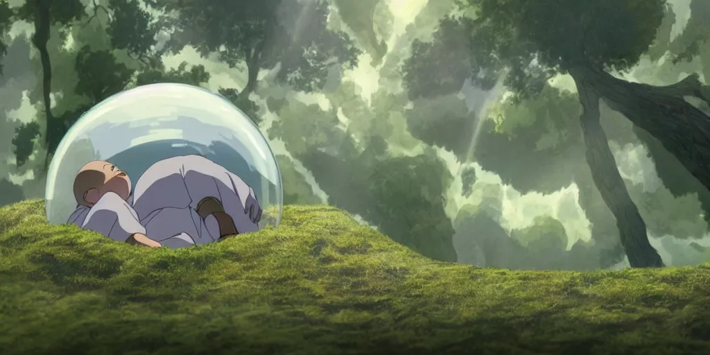 Prompt: realistic closeup from howls moving castle ( 2 0 0 4 ) of a grey monk meditating inside cubic bubble in a woodland pyramid valley. bubble. cartoon depth of field.