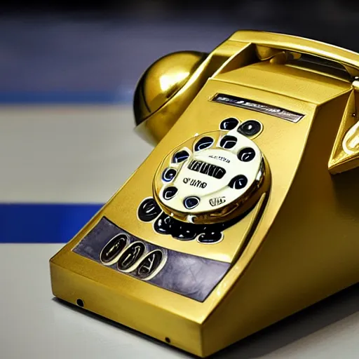 Prompt: a golden fax telephone in real madrid thropy room