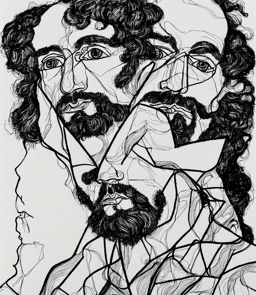 Prompt: detailed line art portrait of erik satie, inspired by egon schiele. caricatural, minimalist, bold contour lines, musicality, soft twirls curls and curves, confident personality, raw emotion