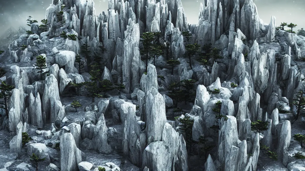 Image similar to the empire of space and time. huashan pines on cliffs. rendered in keyshot. 1 3 ghosts. gnomon workshop, stone ruins snow, icicles.