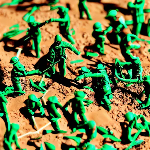 Image similar to toy army men, melting in a sandbox on a summers day