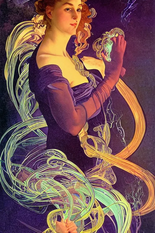 Prompt: she dreams of arcs of purple flame intertwined with glowing sparks, glinting particles of ice, dramatic lighting, steampunk, secret holographic cyphers, red flowers, bright neon solar flares, high contrast, smooth, sharp focus, art nouveau, painting by caravaggio and daytoner and alphonse mucha
