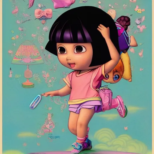 Image similar to portrait of dora the explorer as real girl in happy pose, detailed, intricate complex background, japanese Pop Surrealism, lowbrow art style, muted pastel colors, soft lighting, 50's looks by Mark Ryden,Yosuke Ueno,mucha, artstation cgsociety