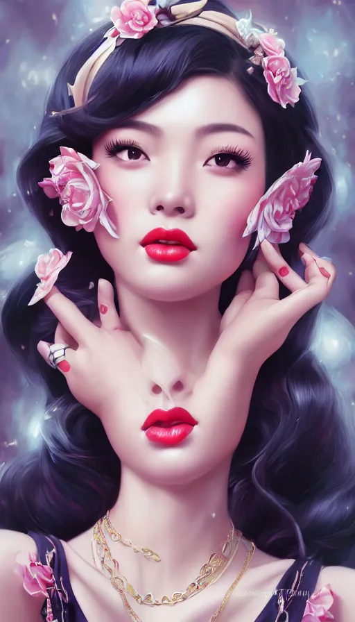 Image similar to a pin up and beautiful fashion and charming and dreamlke asian girl with lv jewelry, medium shot, art by artgerm & ross tran & wlop, hyperdetailed, 8 k realistic, symmetrical, frostbite 3 engine, cryengine, dof, trending on artstation, digital art