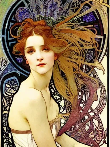 Prompt: a beautiful painting of a lady by Alphonse Mucha and by Mark Brooks and by john william waterhouse and by arthur rackham, Art Nouveau, Neo-Gothic, gothic, award winning painting, hyperdetailed, detailed