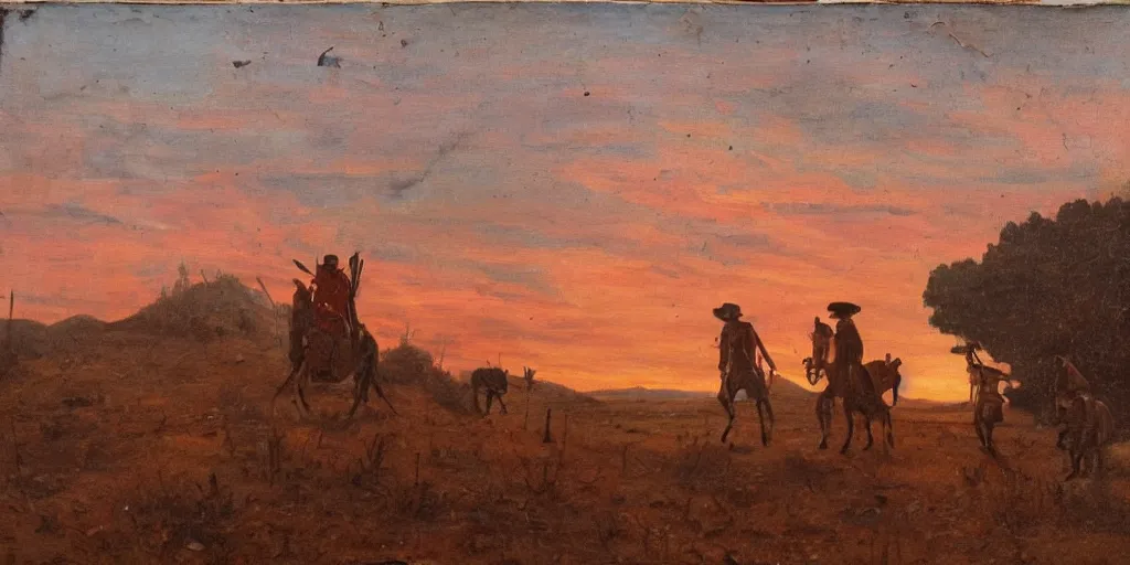 Prompt: a band of outlaws walking in the wild west at sunset, as a XIXth century painting