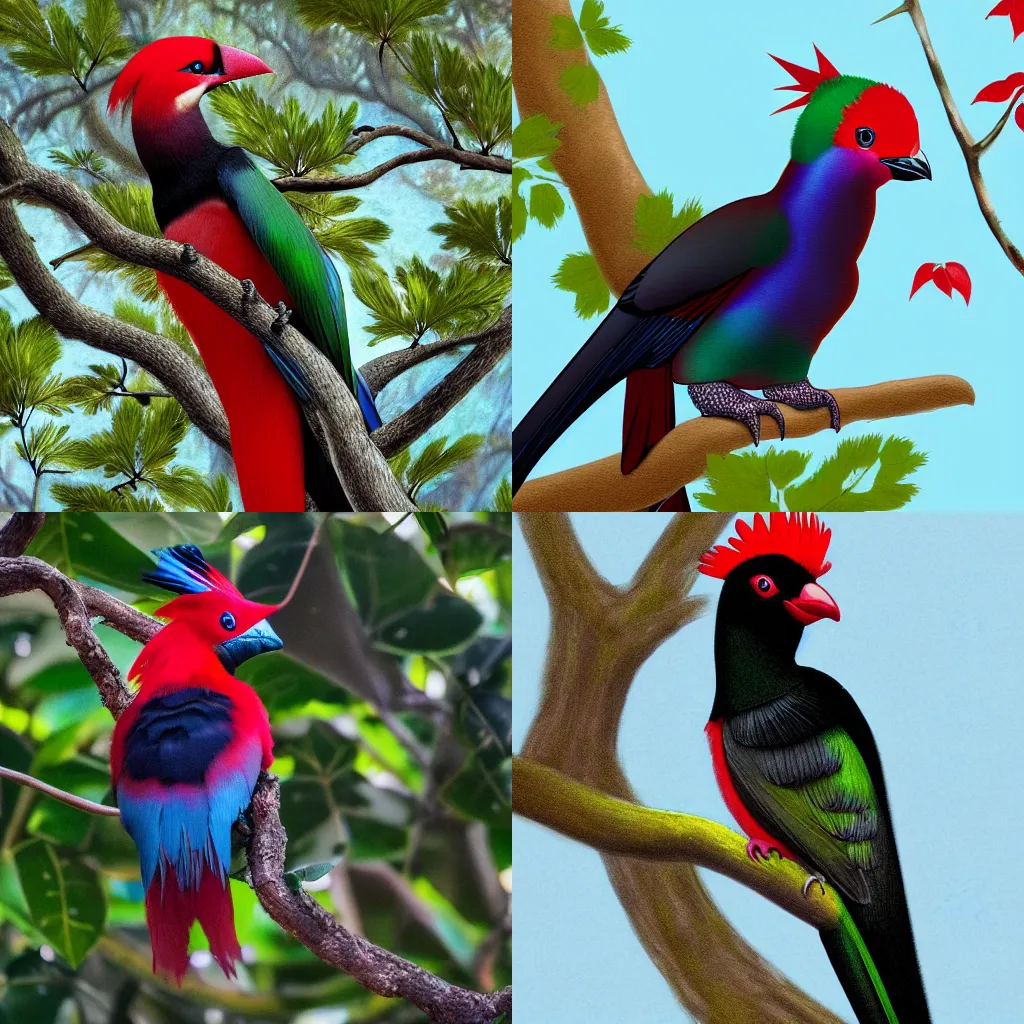 Prompt: a red - crested turaco sitting in a tree, very detailed digital art, trending on artstation