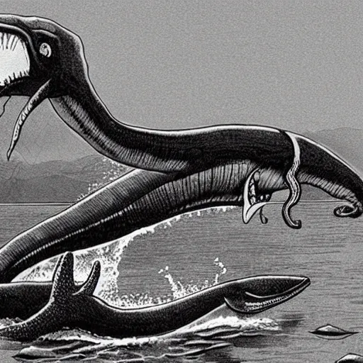 Image similar to deep sea plesiosaurus attacks squid