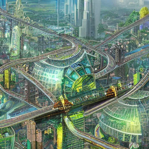Image similar to vast detailed intricate solarpunk utopia green architecture sprawling metropolis with many crossing monorails