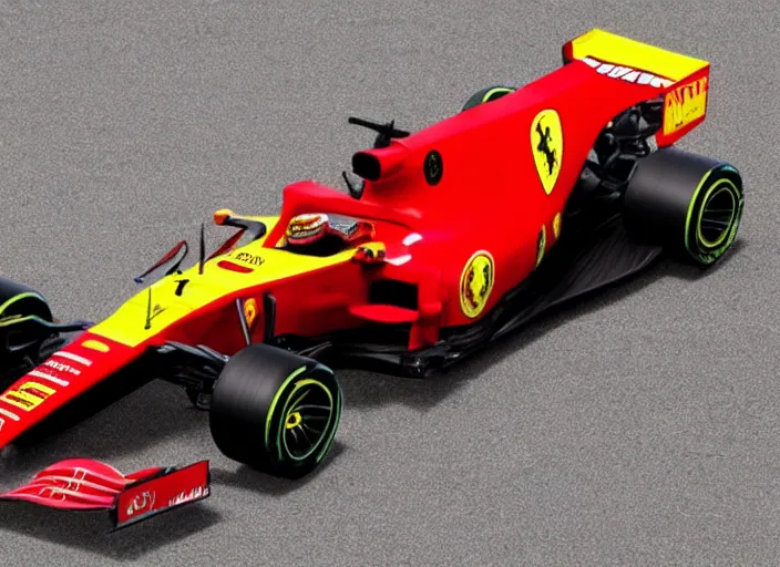 Image similar to live action photo of the 2 0 2 1 f 1 ferrari car, with clown themed livery, 8 k, hdr, sports photography