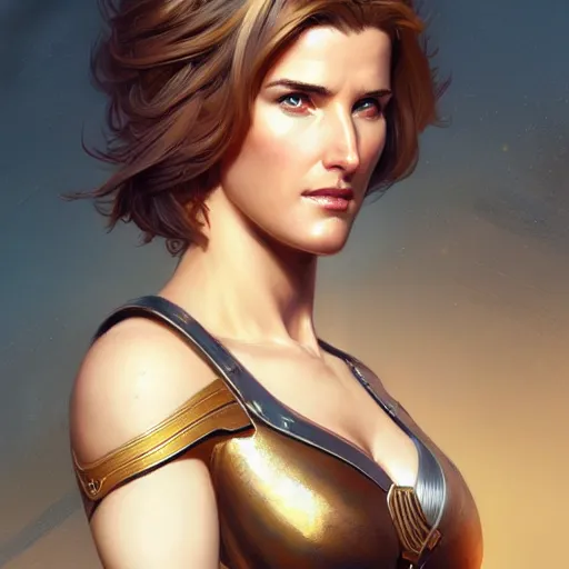 Image similar to Blonde Cobie Smulders as Commander Shepard, western, D&D, fantasy, intricate, elegant, highly detailed, digital painting, artstation, concept art, matte, sharp focus, illustration, art by Artgerm and Greg Rutkowski and Alphonse Mucha