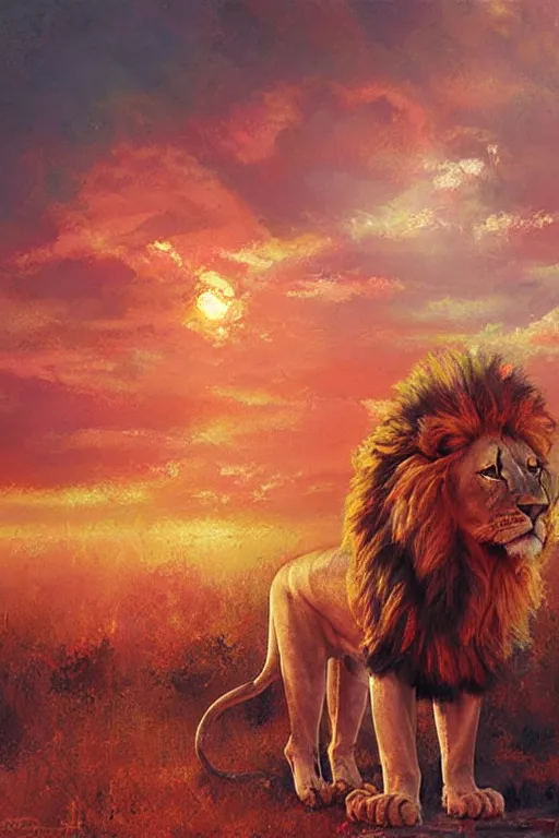 Image similar to spiritual twin flame lion art, pink sunset hue, highly detailed, oil painting hue, by craig mullins