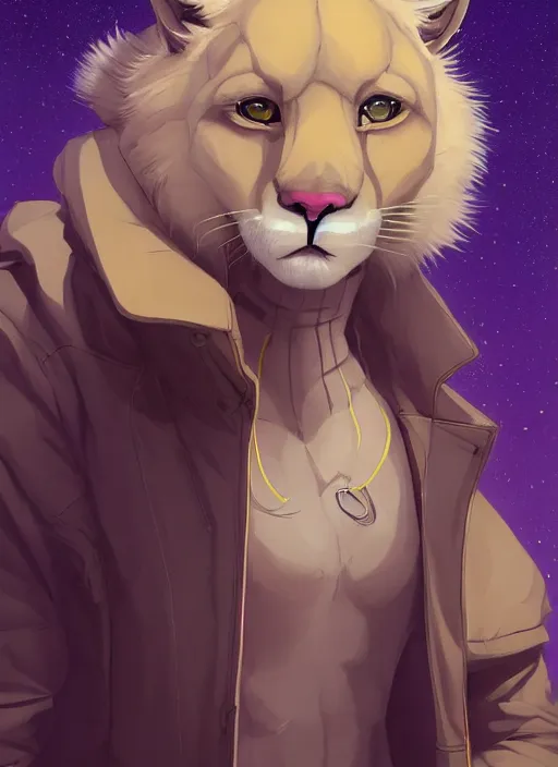 Image similar to award winning beautiful portrait commission of a male furry anthro albino mountain lion fursona with a tail and a cute beautiful attractive detailed furry face wearing stylish cyberpunk clothes in a cyberpunk city at night while it rains. Yellow and Purple. Character design by charlie bowater, ross tran, artgerm, and makoto shinkai, detailed, inked, western comic book art