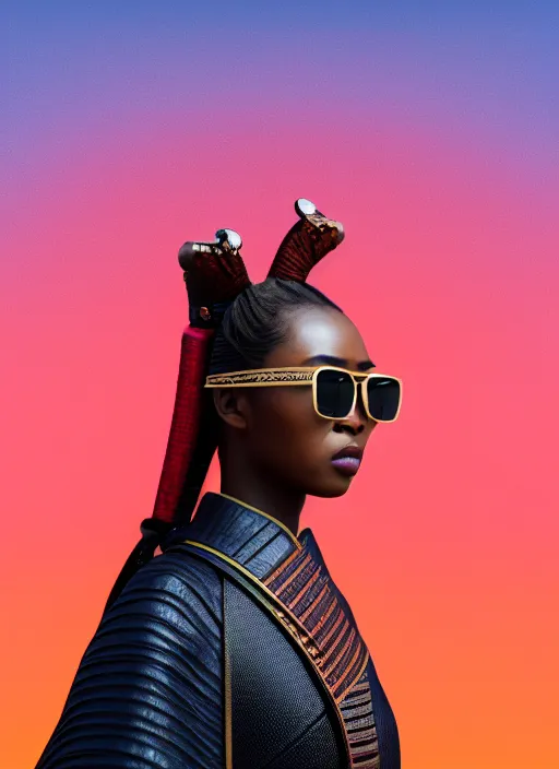 Prompt: attractive female portrait of african samurai, wearing shades, wearing gui, amber sky cloud background, rule of thirds, uplight, intricate, symmetrical!!, depth of field, cinematic, filmic, vsco, concept art, artstation, digital painting, elegant, vouge, magazine cover, epic, focus, octane render, vray render, arnold render,