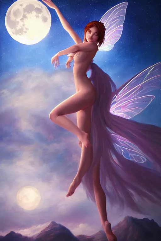 Image similar to attractive fairy magically floating high in the night, fantasy, full moon in background. highly detailed painting by artgerm, mid shot, 8 k