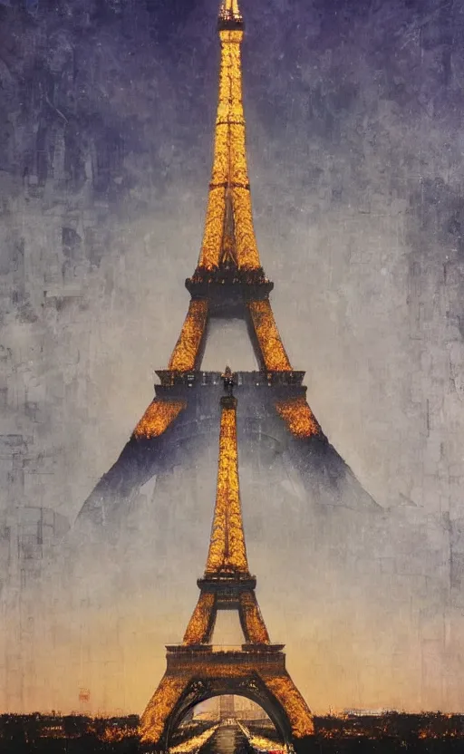 Image similar to twilight eiffel tower, jpeg artefacts on canvas, by seb mckinnon and james gurney and greg rutkowski, highly detailed, amazing, perfect lighting