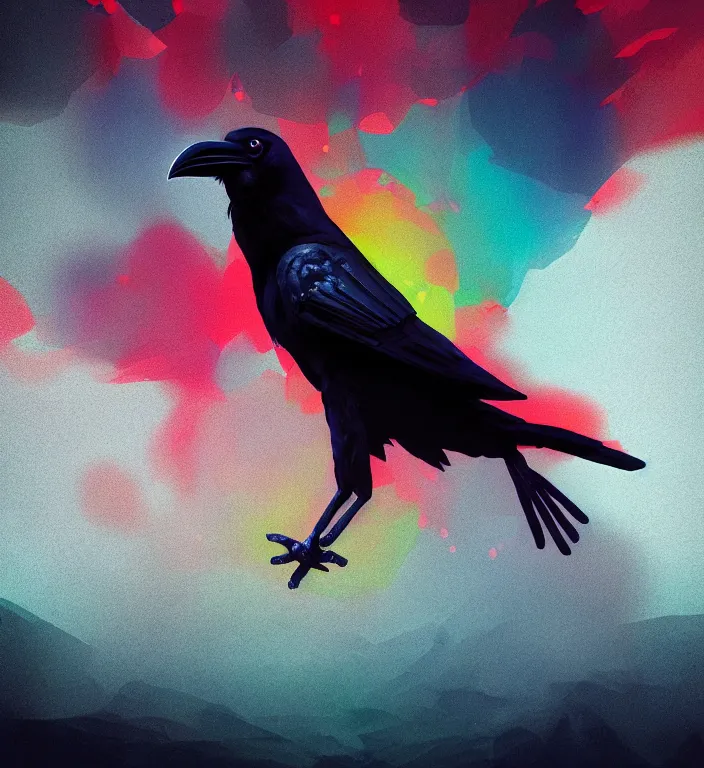 Prompt: a raven bird, james jean style, claymation style, colourful, volumetric light,, dramatic light, analogue photo, vfx art, digital painting, digital illustration, unreal engine render,