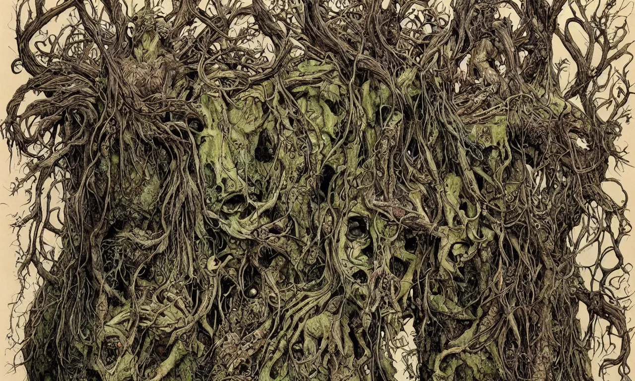 Image similar to hyperdetailed art nouveau portrait of treebeard and old groot as a cthulhu eyeball moose skull wendigo swamp thing creatures, by michael kaluta, pushead and bill sienkiewicz, photorealism, claws, skeleton, antlers, fangs, forest, wild, bizarre, scary, lynn varley, lovern kindzierski, steve oliff