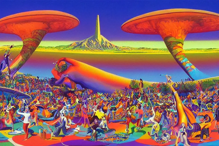 Prompt: a beautiful view of a groovypunk dance in a san francisco park, art by ron walotsky and peter max and roger dean