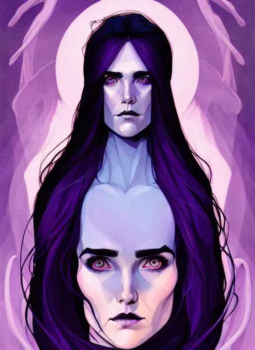Prompt: in the style of Joshua Middleton comic art, beautiful witch spooky female, Jennifer Connelly, blue and purple glowing hair, perfect eyes perfect symmetrical eyes, symmetrical face, black magic, dark forest background, painterly style