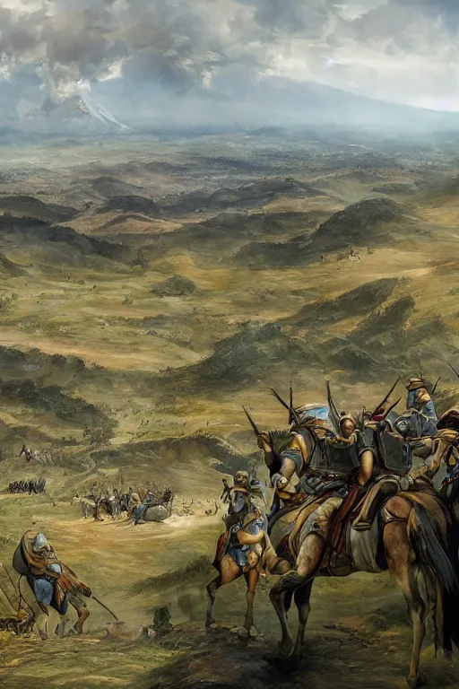 Image similar to An extremely beautiful wide view of a battlefield showing the Spanish empire overcoming the moors, re-conquest of Córdoba, Spanish flag, historical, regal, digital art painting, smooth, sharp focus, award winning picture, extremely detailed masterpiece, sense of awe, featured on Artstation, Artgerm, extremely detailed battlefield, hills background, atmospheric lightning, highly detailed illustration highlights, concept art, Exquisite matte painting, 8K detail post-processing