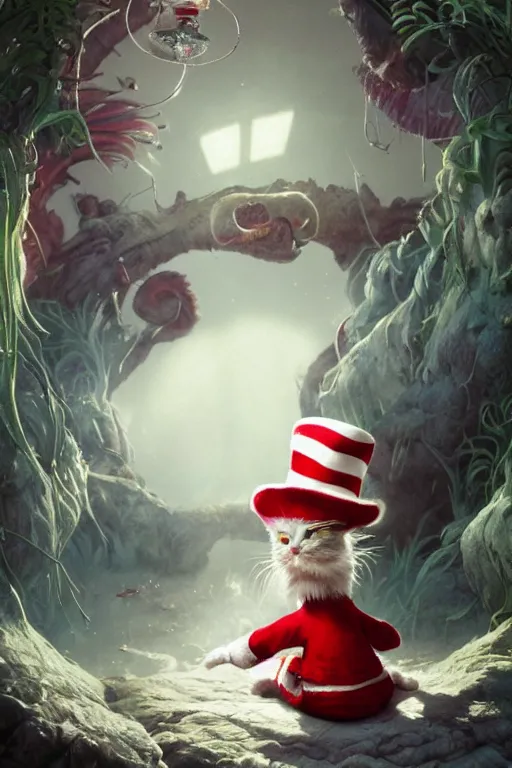 Image similar to complex 3 d render, hyper detailed, ultra sharp, of the cat in the hat, scary, cinematic, natural soft light, rim light, art by greg rutkowski and artgerm and alphone mucha, dr seuss