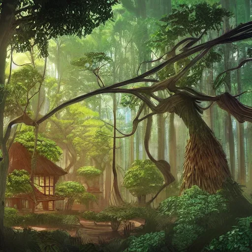 Prompt: stunning tree city in amazon forest by studio ghibli, artstation, environment design