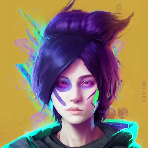 Image similar to a pale skinny young girl with purple hair, the hime cut, 1 8, in a black hoodie, and a cat, apex legends character, digital illustration portrait design, by android jones and greg rutkowski, retrowave color scheme, detailed, cinematic lighting, wide angle action dynamic portrait