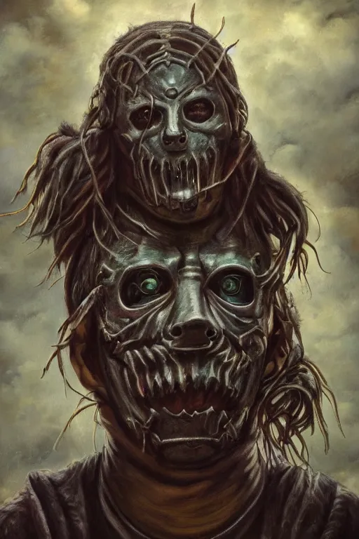 Prompt: a full body high detail fantasy portrait oil painting illustration of slipknot band by justin sweet with face and body clearly visible, in a scenic background, insane, realistic proportions, d & d, rpg, forgotten realms, artstation trending, high quality, sombre mood, artstation trending, muted colours, entire person visible!