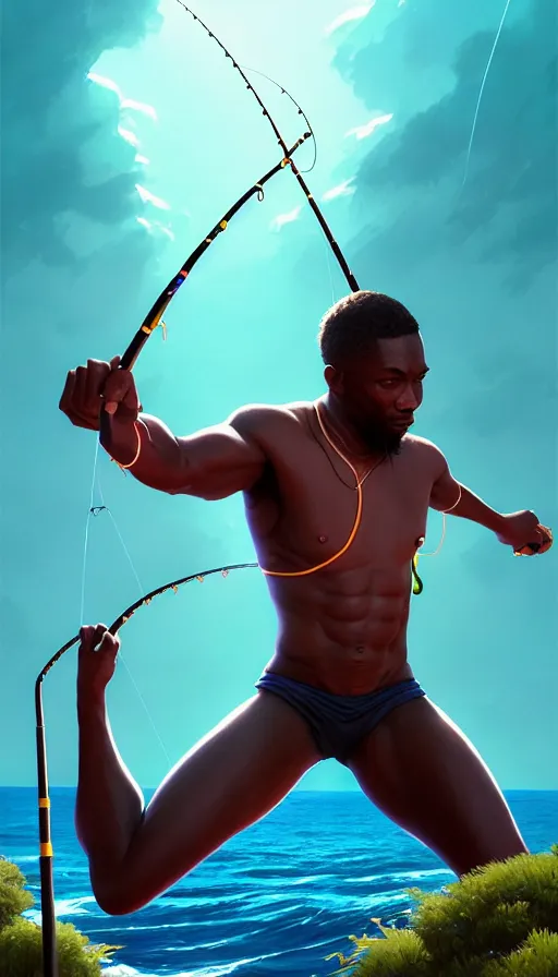 Image similar to highly detailed portrait of one athletic modern jamaican man, fishing, magical glowing fishing rod, ocean background, symmetry, unreal engine, fantasy art by greg rutkowski, loish, rhads, makoto shinkai and lois van baarle, ilya kuvshinov, rossdraws, tom bagshaw, global illumination, radiant light, detailed and intricate environment