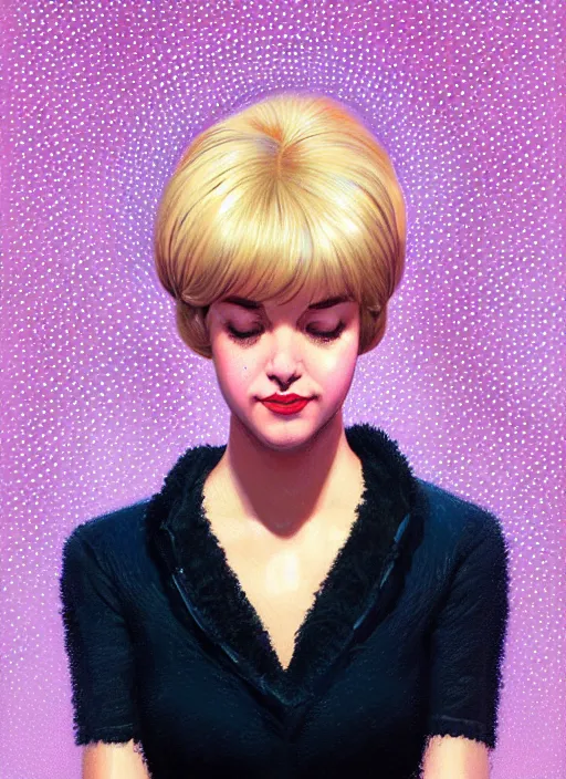 Image similar to portrait of betty cooper with fluffy bangs, bangs, 1 9 6 0 s, ponytail, curly bangs and ponytail, rounder face, intricate, elegant, glowing lights, highly detailed, digital painting, artstation, concept art, smooth, sharp focus, illustration, art by wlop, mars ravelo and greg rutkowski