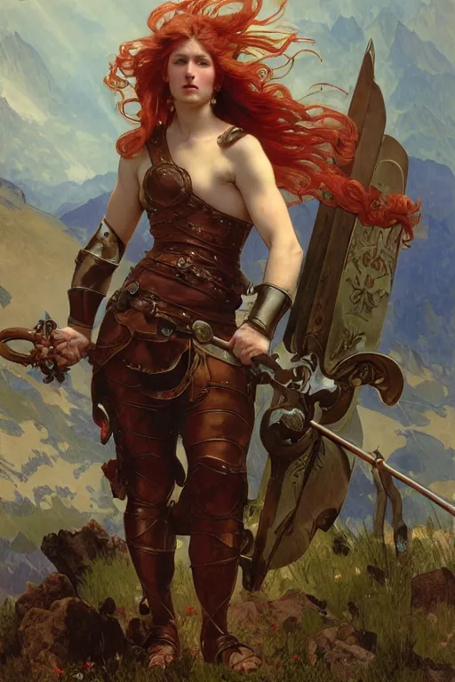 Image similar to full - body matte portrait of a legion of red haired lesbian valkyries in a heroic pose and wearing thick bronze plate armor at the top of a mountain holding a spear made of lightning, art by albert bierstadt, alphonse mucha, andreas rocha, greg rutkowski, sharp edges. ultra clear detailed. 8 k. elegant. octane render