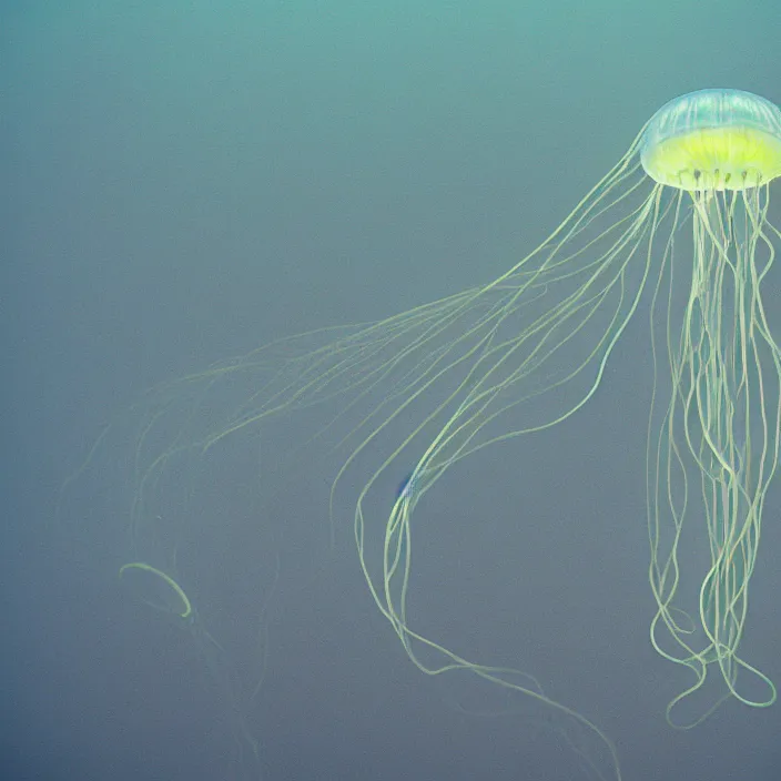Prompt: luminescent, deep ocean ribbon jellyfish, 3 5 mm photograph