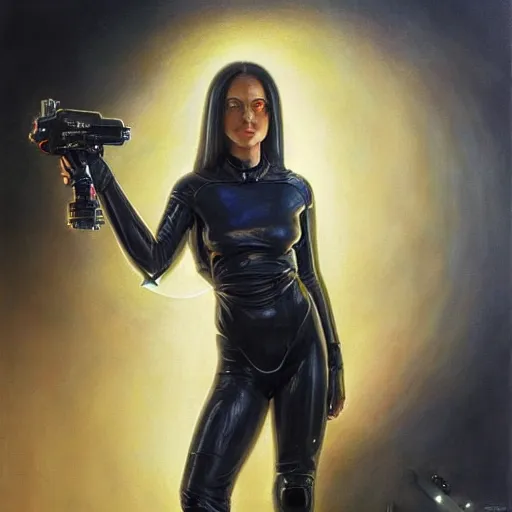 Prompt: pleiadian woman with big eyes and long silver hair wearing a dark body suit and wielding a plasma gun as a realistic sci fi character, portrait art by donato giancola and greg rutkowski, digital art, trending on artstation, standing in a barren field