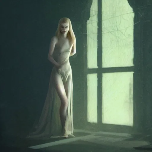 Image similar to silhouette of a Elle Fanning in Dark Souls, pitch black room, extremely detailed masterpiece, oil on canvas, low-key neon lighting, artstation, Blade Runner 2049, Roger Deakin’s cinematography, by J. C. Leyendecker and Peter Paul Rubens,