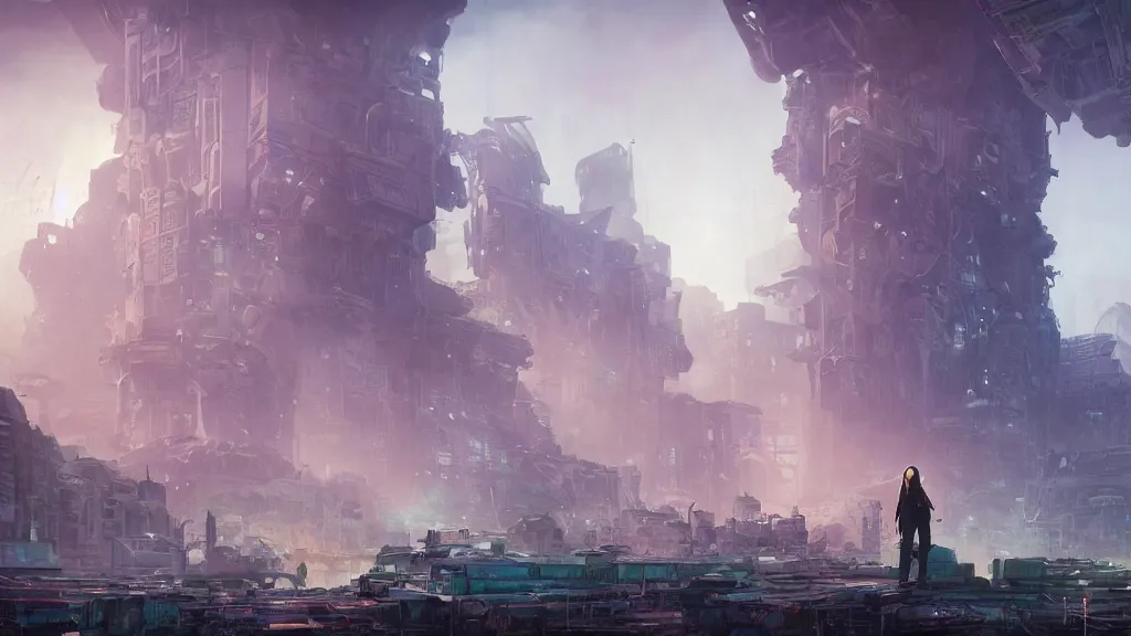 Prompt: Intricate detailed illustration, ruins of a massive futuristic city, a girl and a big robot, strange flowers, fog, vibrant colors, blue sky, by Sparth and Greg Rutkowski, wide angle, volumetric light scattering, 8k, artstation, concept art