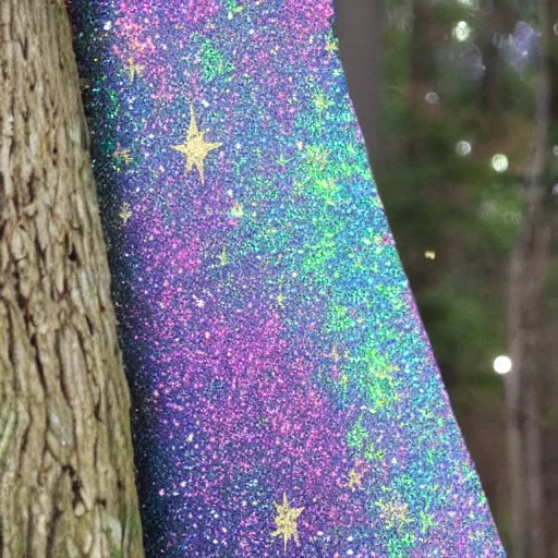 Image similar to glitter iridescent forest, glitter cosmic color dust and mist