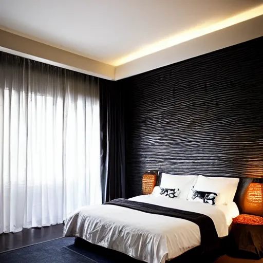 Image similar to bedroom, stone, interior design, stylish luxury hotel bedroom design, yakisugi, black vertical slatted timber, textures, feminine, black walls, art, Japanese pottery vase with flowers, kakejiku, seasonal, Japanese influences