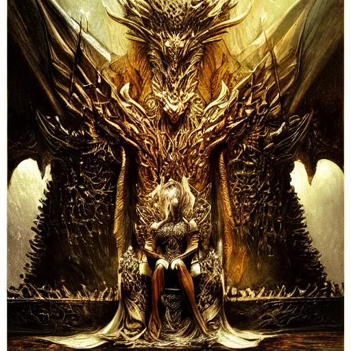 Prompt: dragon on the throne in the majestic throne room, great horns, armored, luminous scene, by luis royo, d & d character, highly detailed portrait, digital painting, artstation, concept art, smooth, sharp focus illustration, artstation hq