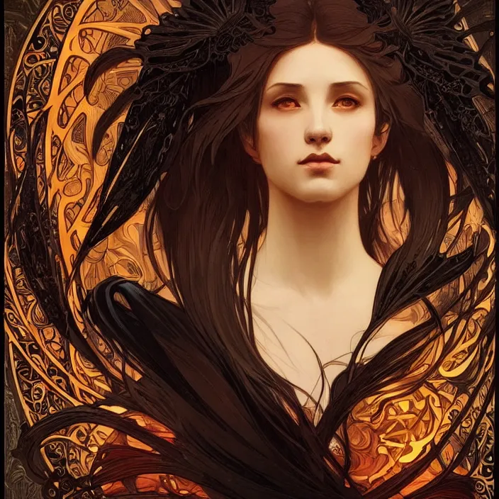 Image similar to A portrait of A beautiful! angel in black flames!! by Ross Tran!!! and alphonse mucha and greg rutkowski! and gustav doré!,In style of digital art illustration.Symmetry.Highly detailed face.Fantasy,smooth,hyper detailed,sharp focus,Soft light.trending on artstation.4k