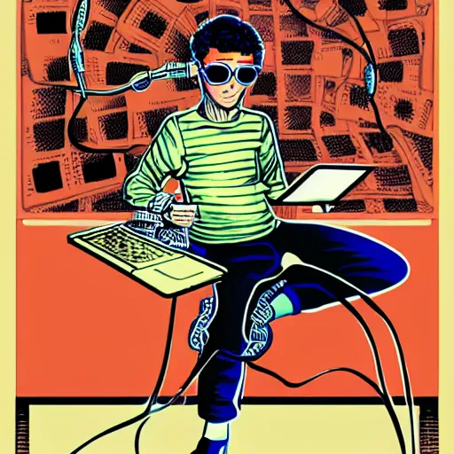 Image similar to illustration of a boy connected to his laptop with wires, highly detailed, by butcher billy