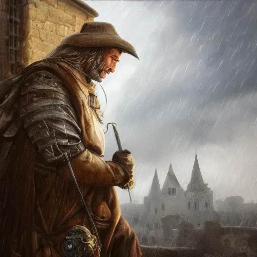 Image similar to portrait of an adventurer, painting by michael wellen, john stephens, in a medieval city, tone mapping, stormy weather, trending on artstation