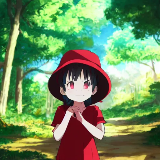 Prompt: concept art ofa little girl in the red hat,forest, happy in anime style