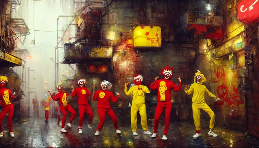 Prompt: highly detailed painting of a group of ronald mcdonalds with red afros, white facepaint, red noses and yellow tracksuits dancing in a cyberpunk alleyway by william turner, by greg rutkowski, by william constable, thick brush strokes and visible paint layers, 4 k resolution, retrowave colour scheme