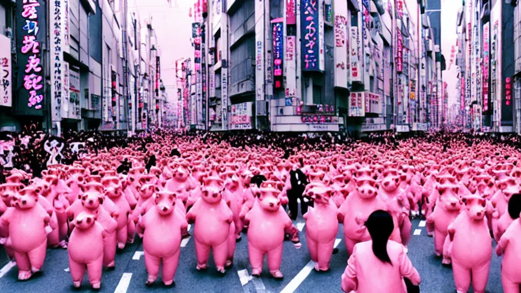 Image similar to a parade on the streets Tokyo everyone is dressed in pink and wearing pig masks, film still from the an anime directed by Katsuhiro Otomo with art direction by Salvador Dalí, wide lens