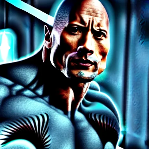 Prompt: A highly detailed photograph of Dwayne Johnson with various cybernetic augmentations